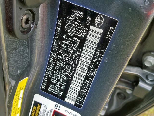 4T1BK1EB2HU247930 - 2017 TOYOTA AVALON XLE GRAY photo 10