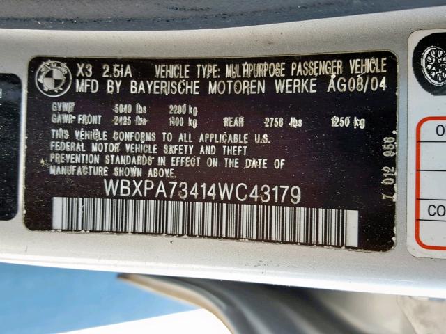 WBXPA73414WC43179 - 2004 BMW X3 2.5I SILVER photo 10