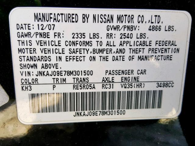 JNKAJ09E78M301500 - 2008 INFINITI EX35 BASE BLACK photo 10