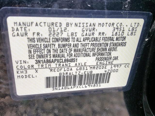 3N1AB6APXCL694851 - 2012 NISSAN SENTRA 2.0 BLACK photo 10