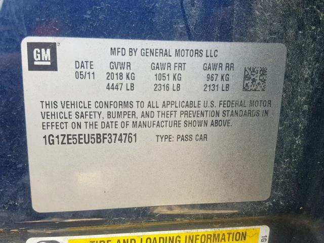 1G1ZE5EU5BF374761 - 2011 CHEVROLET MALIBU LTZ ლურჯი ფოტო 10