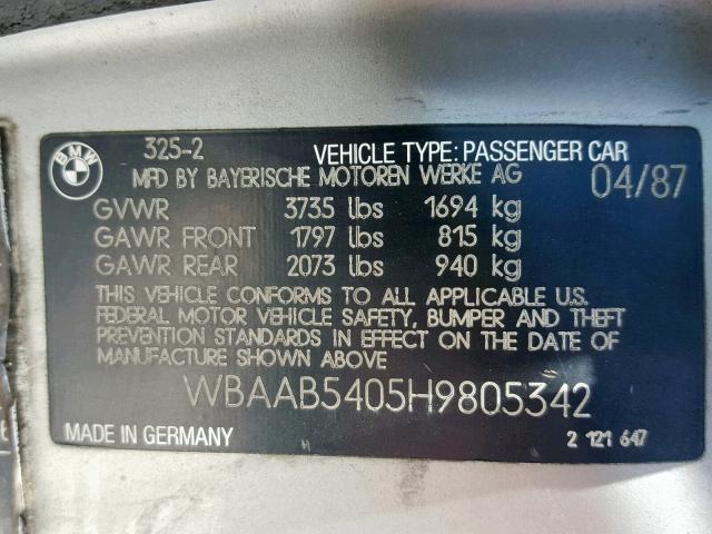 WBAAB5405H9805342 - 1987 BMW 325 BASE GRAY photo 10