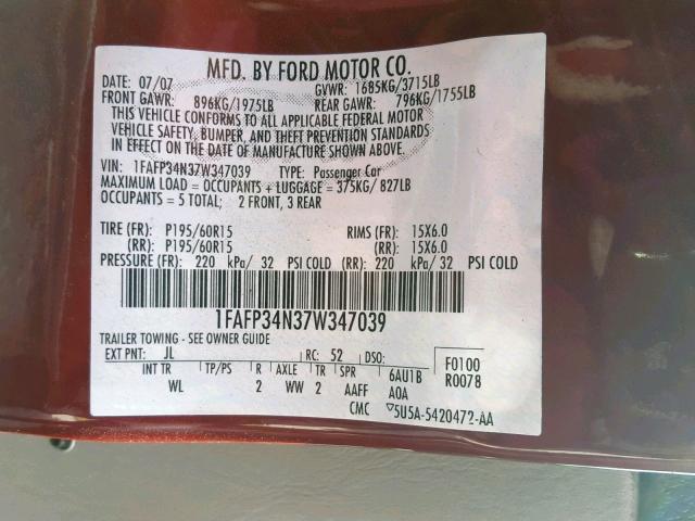 1FAFP34N37W347039 - 2007 FORD FOCUS ZX4 BURGUNDY photo 10