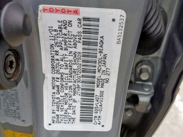 JTHBF30G720027509 - 2002 LEXUS ES 300 GRAY photo 10