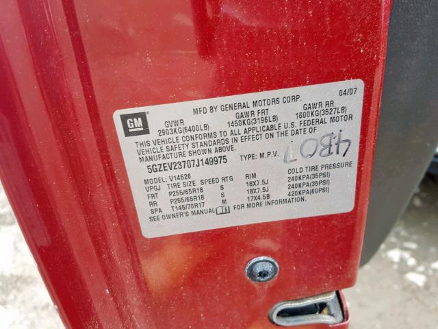 5GZEV23707J149975 - 2007 SATURN OUTLOOK XR წითელი ფოტო 10