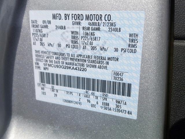 1FMCU93G29KA43220 - 2009 FORD ESCAPE XLT SILVER photo 10