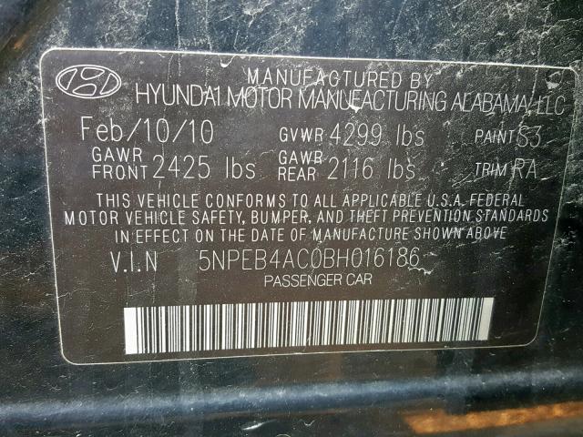 5NPEB4AC0BH016186 - 2011 HYUNDAI SONATA GLS BLACK photo 10