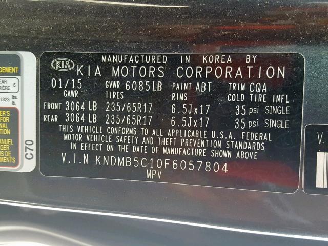 KNDMB5C10F6057804 - 2015 KIA SEDONA LX GRAY photo 10