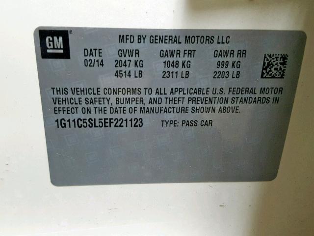 1G11C5SL5EF221123 - 2014 CHEVROLET MALIBU 1LT 白色 照片 10