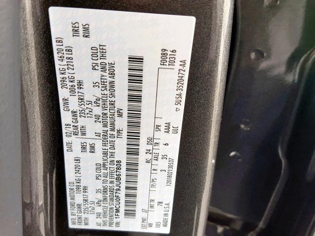 1FMCU0F79JUB67808 - 2018 FORD ESCAPE S GRAY photo 10