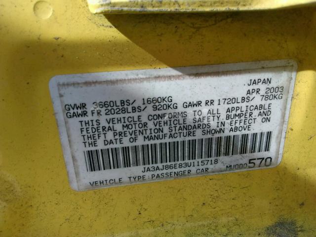 JA3AJ86E83U115718 - 2003 MITSUBISHI LANCER OZ YELLOW photo 10