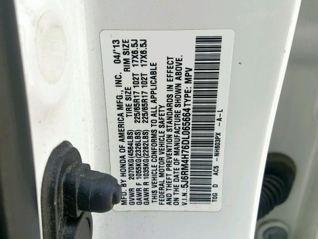 5J6RM4H76DL065664 - 2013 HONDA CR-V EXL WHITE photo 10