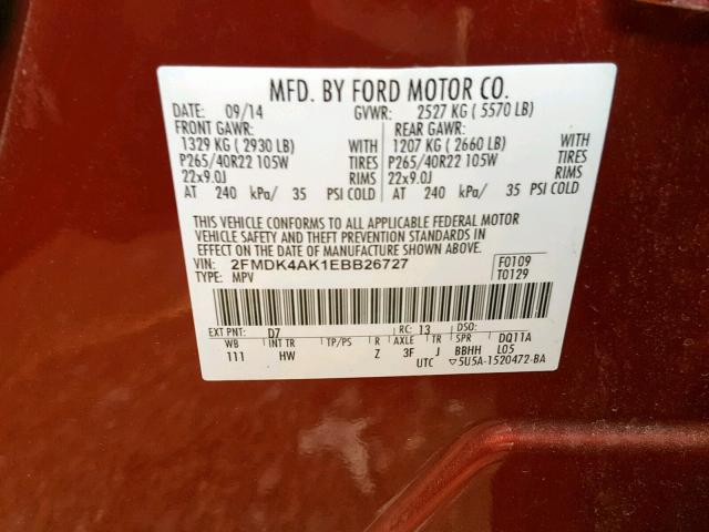 2FMDK4AK1EBB26727 - 2014 FORD EDGE SPORT ORANGE photo 10