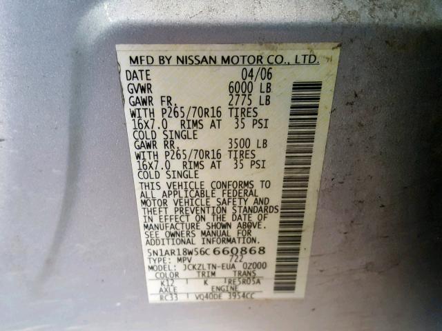 5N1AR18W56C660868 - 2006 NISSAN PATHFINDER SILVER photo 10