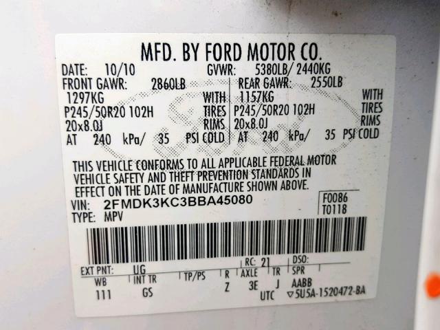 2FMDK3KC3BBA45080 - 2011 FORD EDGE LIMIT WHITE photo 10