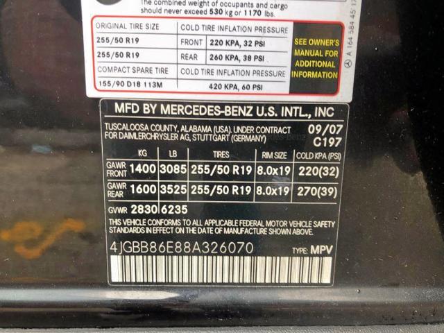 4JGBB86E88A326070 - 2008 MERCEDES-BENZ ML 350 BLACK photo 10