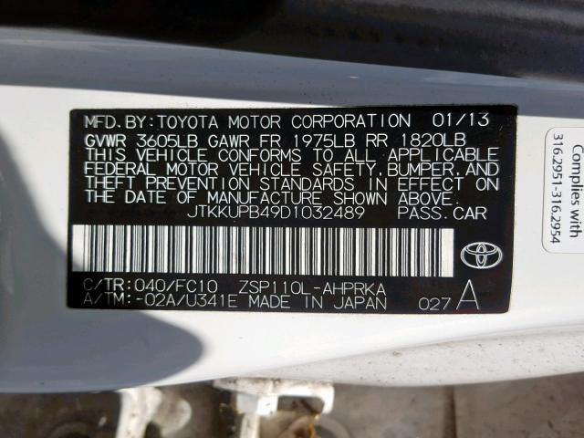 JTKKUPB49D1032489 - 2013 TOYOTA SCION XD WHITE photo 10