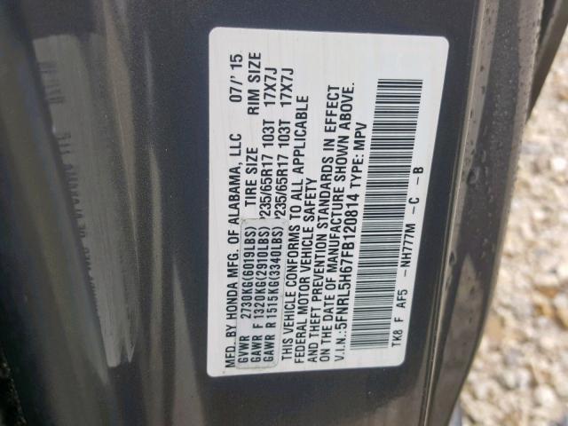 5FNRL5H67FB120814 - 2015 HONDA ODYSSEY EX GRAY photo 10