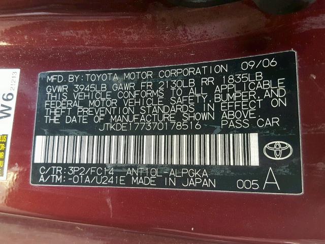 JTKDE177370178516 - 2007 SCION TC MAROON photo 10