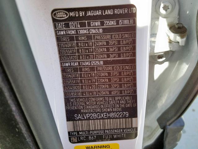 SALVP2BGXEH892279 - 2014 LAND ROVER RANGE ROVE WHITE photo 10