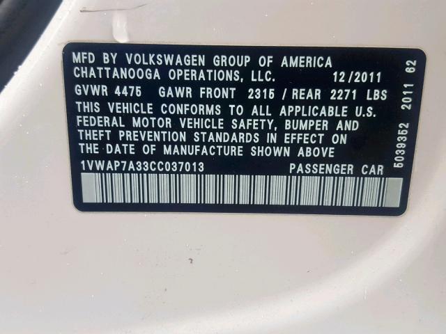 1VWAP7A33CC037013 - 2012 VOLKSWAGEN PASSAT S WHITE photo 10