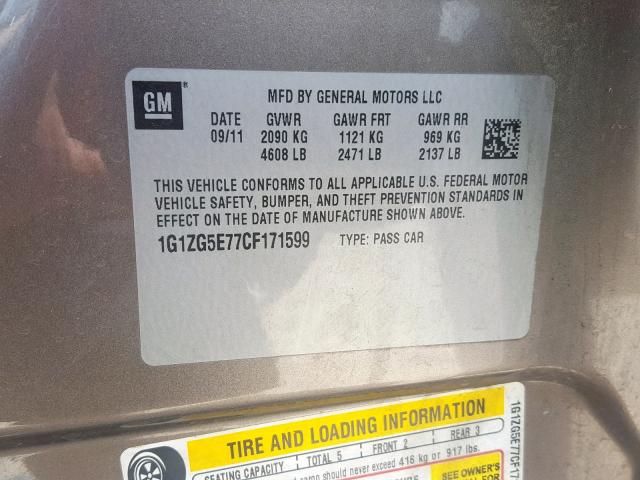 1G1ZG5E77CF171599 - 2012 CHEVROLET MALIBU LTZ 米色 照片 10