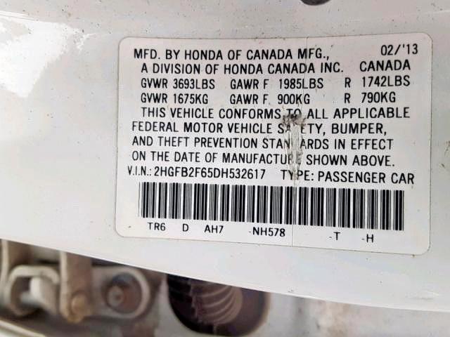 2HGFB2F65DH532617 - 2013 HONDA CIVIC HF WHITE photo 10