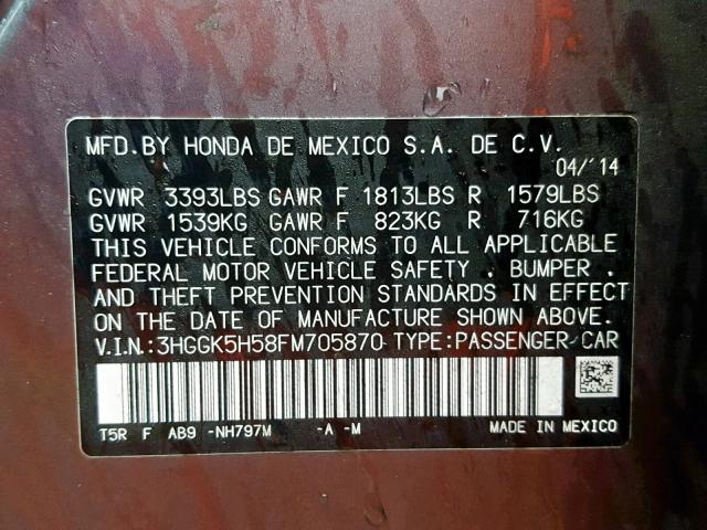 3HGGK5H58FM705870 - 2015 HONDA FIT LX GRAY photo 10