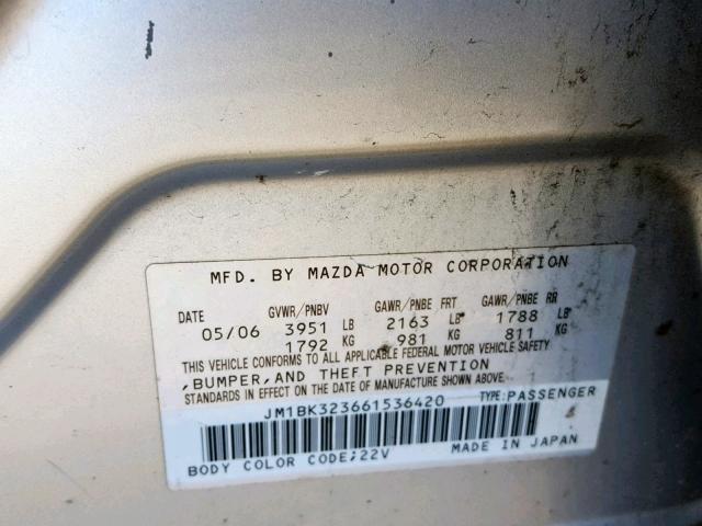 JM1BK323661536420 - 2006 MAZDA 3 S SILVER photo 10