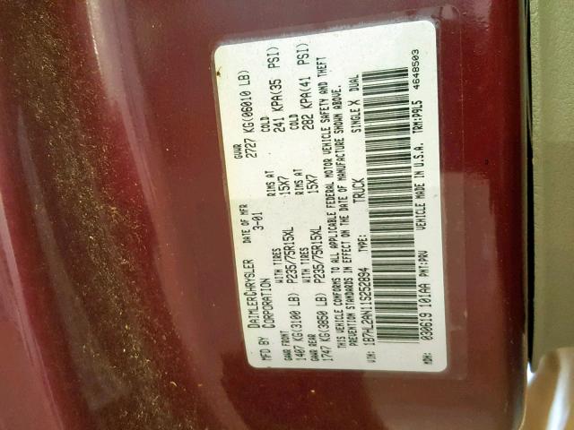 1B7HL2AN11S252894 - 2001 DODGE DAKOTA QUA BURGUNDY photo 10