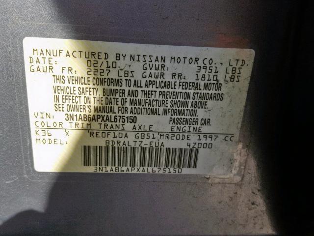 3N1AB6APXAL675150 - 2010 NISSAN SENTRA 2.0 GRAY photo 10