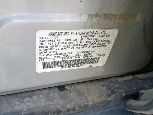 JNKAJ09F28M352069 - 2008 INFINITI EX35 BASE SILVER photo 10