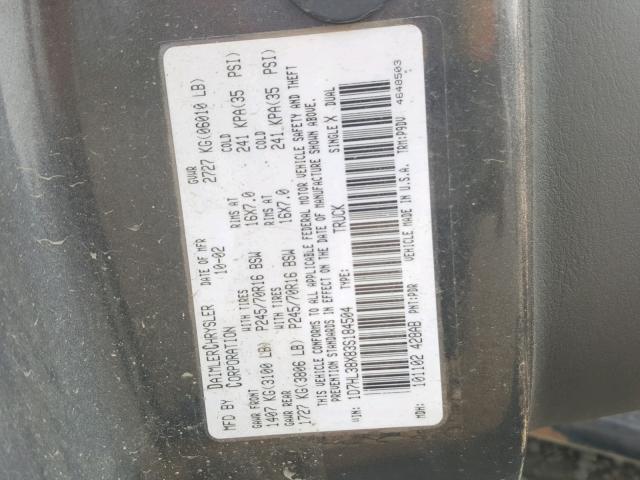 1D7HL38X83S184504 - 2003 DODGE DAKOTA QUA GRAY photo 10