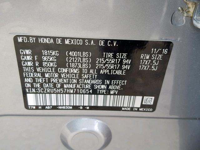 3CZRU5H57HM710654 - 2017 HONDA HR-V EX SILVER photo 10