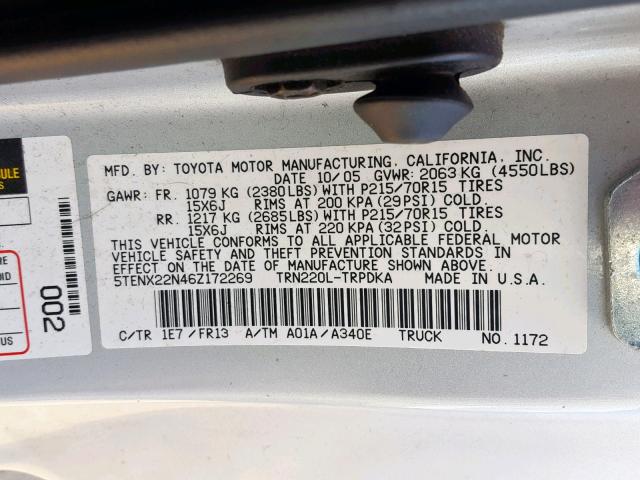 5TENX22N46Z172269 - 2006 TOYOTA TACOMA SILVER photo 10