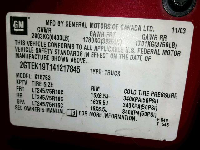 2GTEK19T141217845 - 2004 GMC NEW SIERRA BURGUNDY photo 10