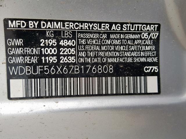 WDBUF56X67B176808 - 2007 MERCEDES-BENZ E 350 SILVER photo 10