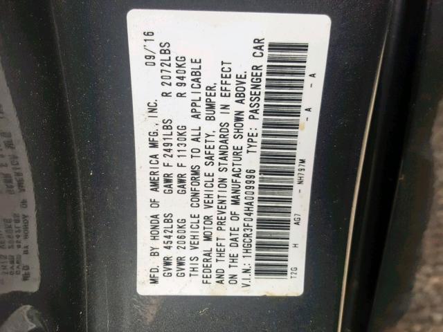 1HGCR3F04HA009996 - 2017 HONDA ACCORD EXL GRAY photo 10