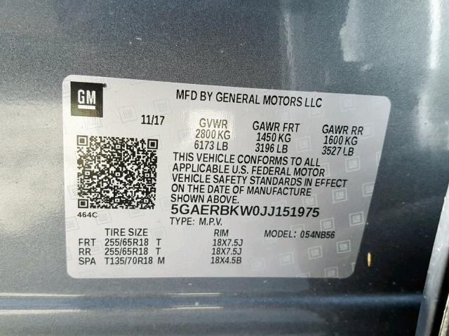 5GAERBKW0JJ151975 - 2018 BUICK ENCLAVE ES GRAY photo 10