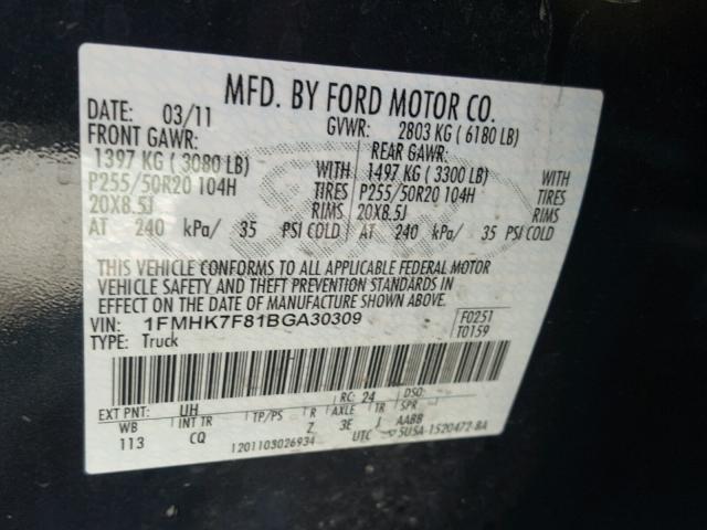 1FMHK7F81BGA30309 - 2011 FORD EXPLORER L BLACK photo 10