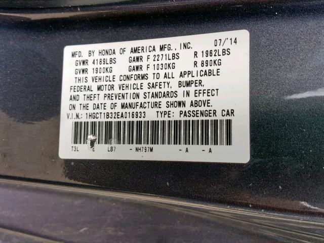 1HGCT1B32EA016933 - 2014 HONDA ACCORD LX- GRAY photo 10