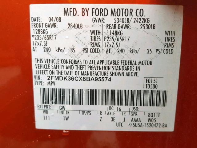 2FMDK36CX8BA95574 - 2008 FORD EDGE SE ORANGE photo 10