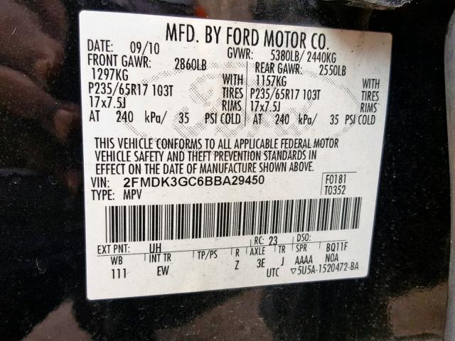 2FMDK3GC6BBA29450 - 2011 FORD EDGE SE BLACK photo 10