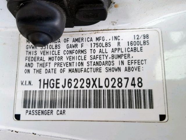 1HGEJ6229XL028748 - 1999 HONDA CIVIC DX WHITE photo 10