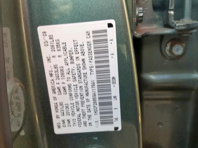 1HGCP26859A117941 - 2009 HONDA ACCORD EXL GREEN photo 10