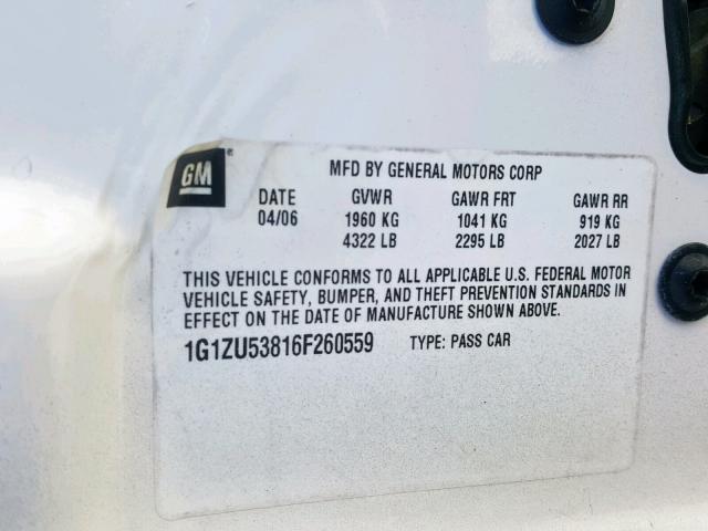 1G1ZU53816F260559 - 2006 CHEVROLET MALIBU LTZ 白色 照片 10