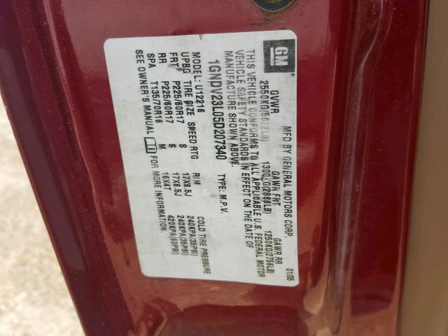 1GNDV23L05D207340 - 2005 CHEVROLET UPLANDER L 勃艮第红 照片 10