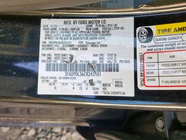 3FADP0L36CR243101 - 2012 FORD FUSION HYB BLACK photo 10