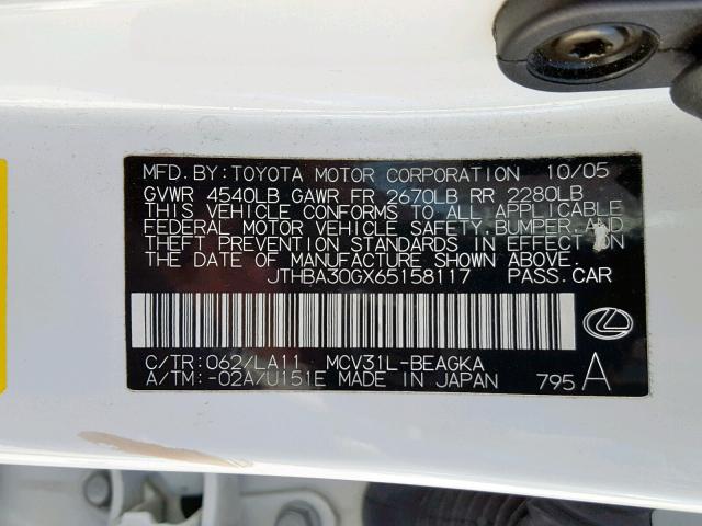 JTHBA30GX65158117 - 2006 LEXUS ES 330 WHITE photo 10