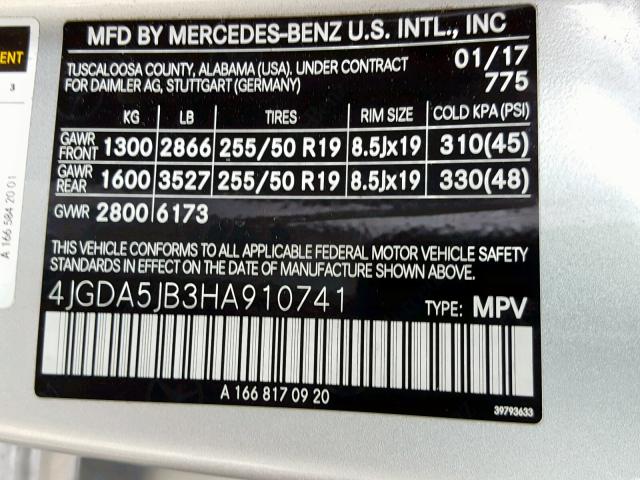 4JGDA5JB3HA910741 - 2017 MERCEDES-BENZ GLE 350 SILVER photo 10